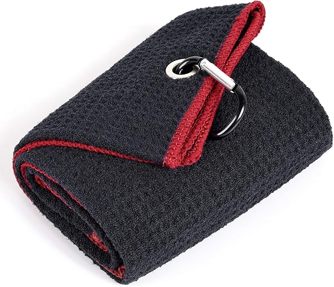 Mile High Life Tri-fold Golf Towel | Premium Microfiber Fabric | Waffle Pattern | with Heavy Duty Carabiner Clip | Golf Towel for Men and Women (Black/Red)