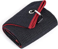 Mile High Life Tri-fold Golf Towel | Premium Microfiber Fabric | Waffle Pattern | with Heavy Duty Carabiner Clip | Golf Towel for Men and Women (Black/Red)