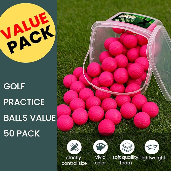 FINGER TEN Golf Practice Balls with Bucket Value 50 Pack, Soft Foam with Limited Flight for Safe Practice, Orange Yellow Pink Bright Colors for Indoor Outdoor Backyard Pool Use