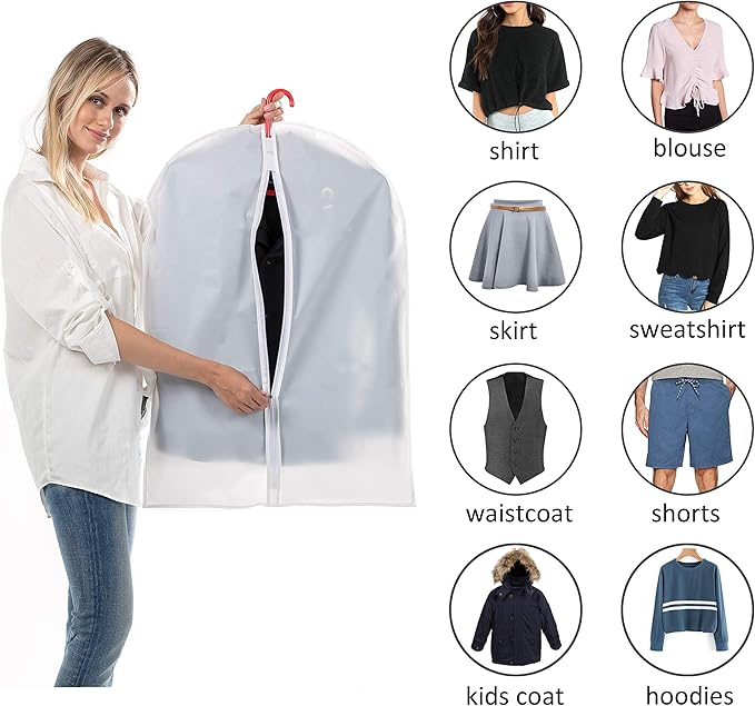 6 Pack Short Garment Bags (24x31") - Dustproof Covers for Kids Clothes - Durable PEVA Storage Bags with Sturdy Zipper for Dance Costumes, Tops & Folded Pants (Translucent)