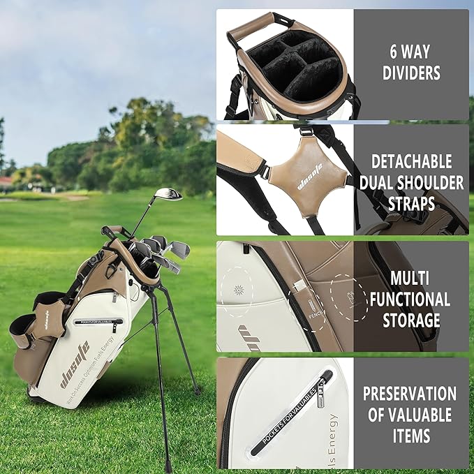 Lightweight 14-Way Golf Stand Bag, PU Leather Golf Bag Waterproof Men Women Full Length Top Dividers, Multiple 8 Pockets Cooler Pouch Adjustable Detachable Shoulder Dual Straps Rain Cover Hood