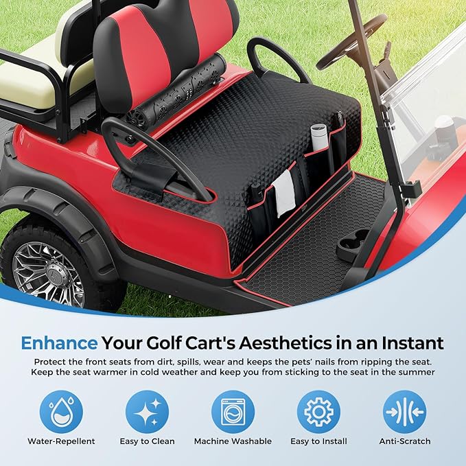 Tecoom Golf Cart Seat Covers, Universal Golf Cart Seat Towel Blanket with Armrest Strap 4 Pockets Non-Slip Bottom, Fits Club Car, EZGO, Yamaha, and More Front Seats, Protect Seats from Pet-Scratch Sun