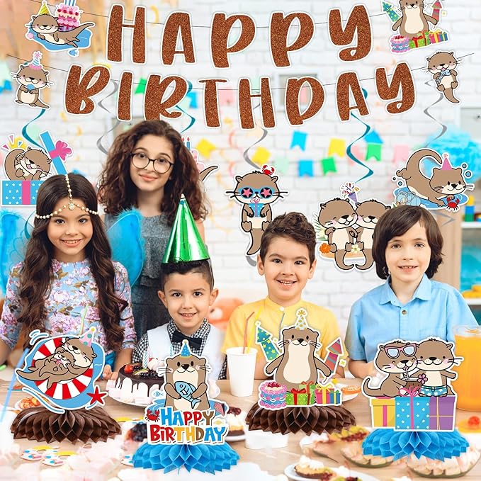 Otter Birthday Party Decorations - 12PCS Sea Otter Party Decorations Happy Birthday Banners Hanging Swirls Honeycomb Centerpieces Under the Sea Ocean Animal Themed Supplies Decor
