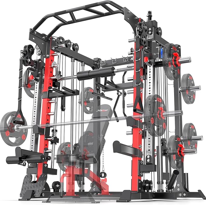 Smith Machine，Multi-Function Squat Rack Power Cage with Cable Crossover System,with Optional Weight Bench, Olympic Barbell Weight Set, for Home Gym