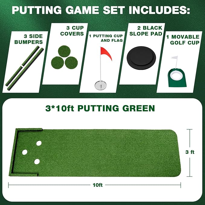 Wekin Golf Putting Green Mat Indoor,3x10ft Thickening Outdoor Portable Golf Game Set Training Turf with Side Border,Movable Cup for Home Backyard Office