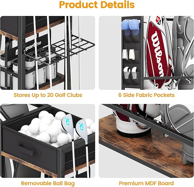 Golf Bag Storage Organizer for Garage, Golf Organizer with Extra Golf Rack and Side Fabric Bag for 20 Golf Clubs & Golf Essentials, Golf Bag Stand for Golf Bag Accessories, Ideal Golf Gifts for Men