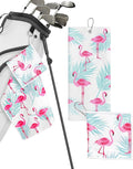 Microfiber Golf Towels for Golf Bags & Carts - Premium Weave Waffle & Ball Towels with Carabiner Clip, Essential Accessories for Men, Women and Kids, Golfer Gifts, Set of 2 (Flamingo Tropics)