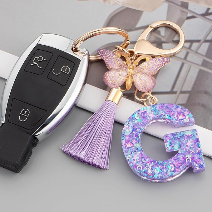 Suweibuke Colourful Cute Initial Letter Keychains for Women Girls with Tassel Butterfly, Charm for Purse Handbags Backpacks