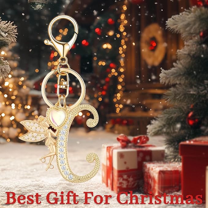 Gold Plated Alphabet Initial Letter Keyring Keychain for Women Girls Crystal Key Chains for Wallet Backpack Bag Charm