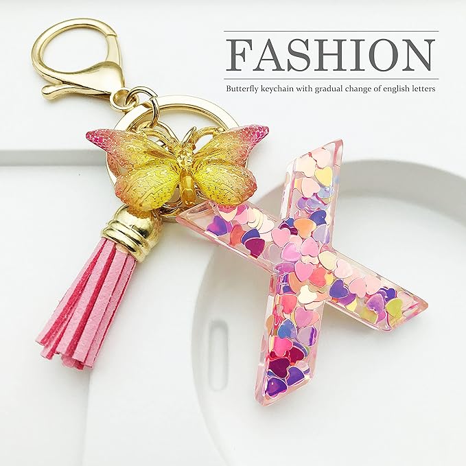 JINGUAZI Initial letter Keychains for Women Tassel Butterfly Pink Purple Cute Car Keychain for Wallet Backpack bag charm