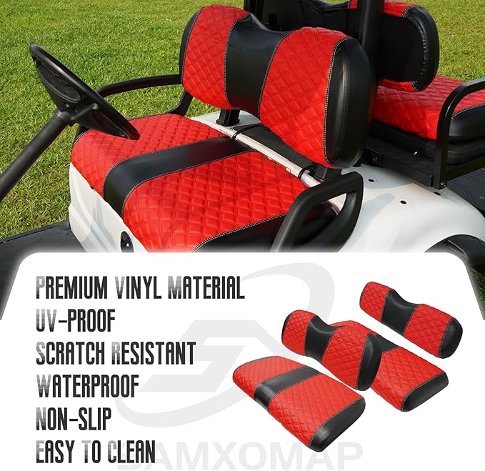 Golf Cart Front and Rear Seat Covers Waterproof and Sun Resistant Marine Grade Vinyl Leather Seat Cover Accessories for Yamaha Drive 2007-2016/Drive 2 2017+,Red(4PCS)