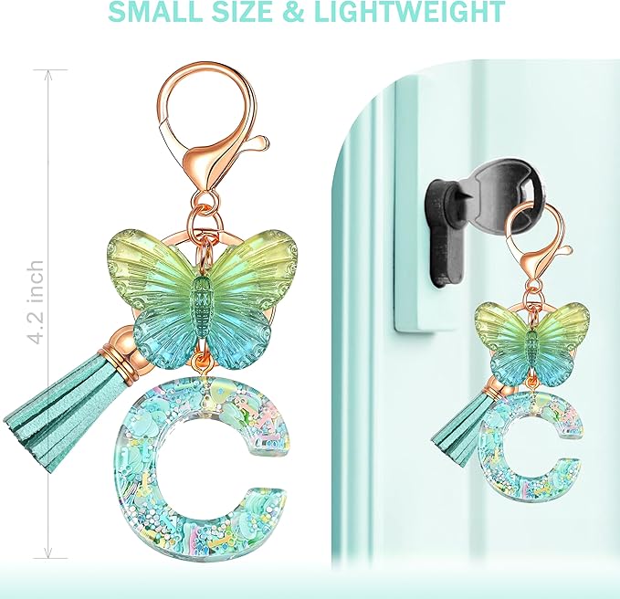 JINGUAZI Initial letter Keychains for Women Tassel Butterfly Pink Purple Cute Car Keychain for Wallet Backpack bag charm
