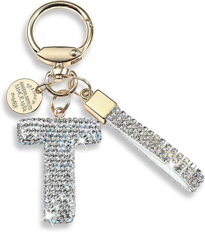 Pink Blue White Initial Letter Keychain Gift for Women Girls Bling Sparkly Cute Backpack Car Key Accessories Lanyard