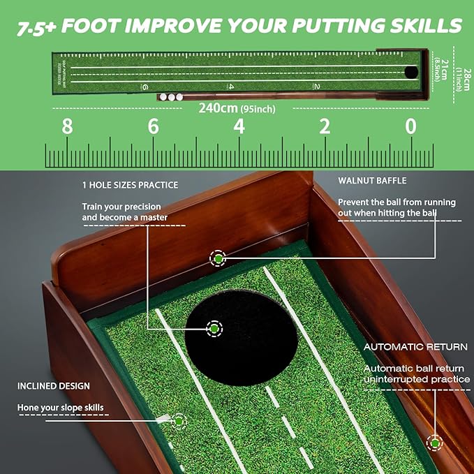 Putting Green Portable Indoor Putting mat，Includes Putting Practice Ball, Wrinkle-Free Mat, and Solid Wood Construction,Office, Living Room, Golf Gift