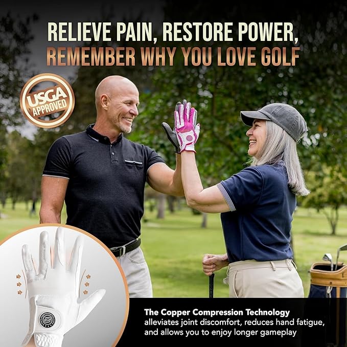 Copper Tech Ladies Golf Gloves Women Right Handed Golfer or Left Handed Golfer 2 Pack | Copper Compression Joint Support with Flexible & Comfortable Fit | AAA Leather & Silicone Tacky Pad