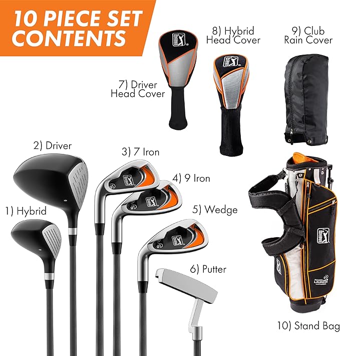 PGA Tour Youth Golf Club Set for Ages 8-12 (4’8”-5’2”) and 12+ (5’2”+), Right and Left-Handed Kids Golf Sets – Beginner Junior Golf Clubs with Lightweight Stand Bag, Mallet Putter, Hybrid, Driver