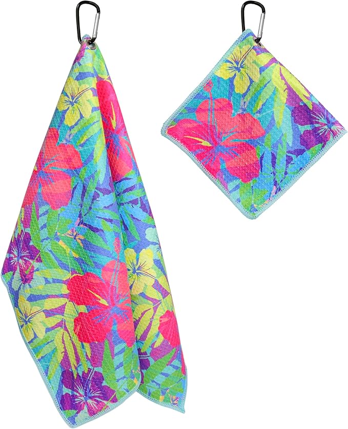 Microfiber Golf Towels for Golf Bags & Carts - Premium Weave Waffle & Ball Towels with Carabiner Clip, Essential Accessories for Men, Women and Kids, Golfer Gifts, Set of 2 (Bright Tropics)