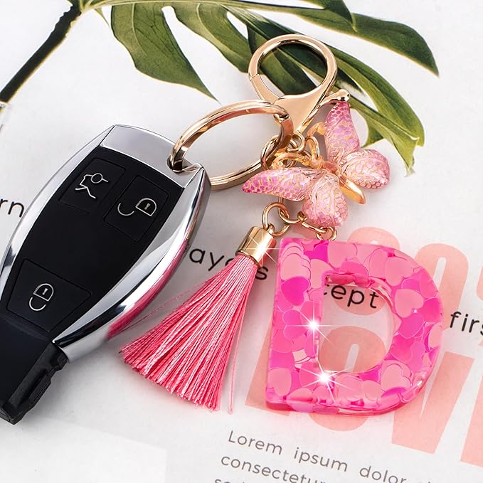Suweibuke Colourful Cute Initial Letter Keychains for Women Girls with Tassel Butterfly, Charm for Purse Handbags Backpacks