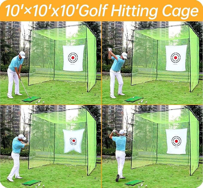Gagalileo Golf Cage Net with Steel Frame and Target: 10X10X10FT Heavy Duty Practice Net for Backyard Driving & Indoor Driving Range Outdoor Training