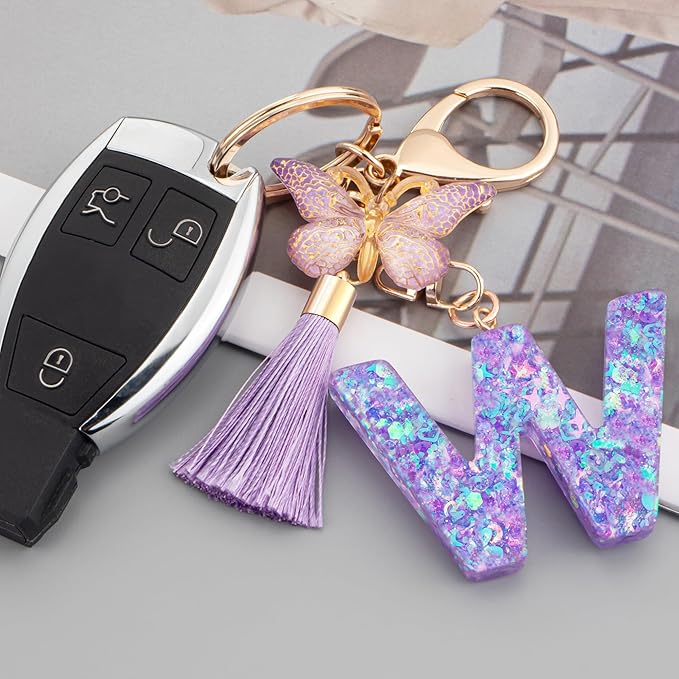Suweibuke Colourful Cute Initial Letter Keychains for Women Girls with Tassel Butterfly, Charm for Purse Handbags Backpacks