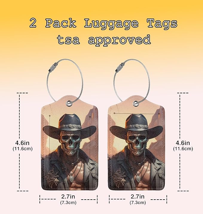 TSA Approved Luggage Tags for Suitcases Skull Cowboy Hat 2 Pack Funny Leather Carnival Cruise Airport Cute Travel Name Tags Golf Bag tag Ships Essentials Privacy Cover ID Label for Women Men