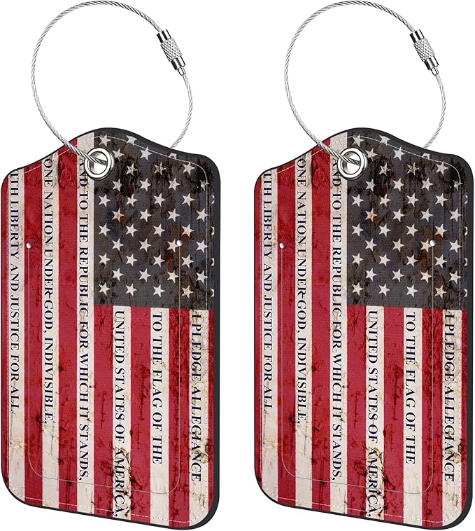 2 Pack Luggage Tags for Suitcase,Flag with The Pledge PU Leather Luggage Tags with Privacy Cover Name Address Labels and Steel Ring,Creative Travel Accessories for Men and Women