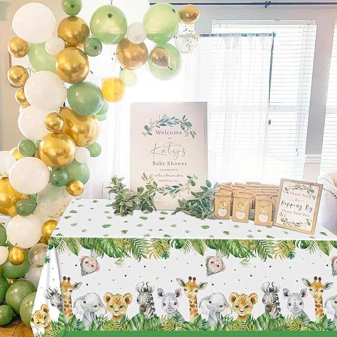 4 Pack Jungle Safari Tablecloths, Wild One Table Cover, Animals Plastic Plastic Table Cloth for Sage Green Safari Baby Shower Decorations, 108×54 Inch