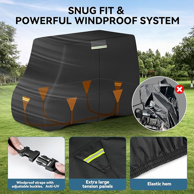 Tuszom 100% Waterproof 1200D Solution-Dyed Golf Cart Cover Universal Fit Yamaha,Honda,Club Car,EZGO and Most Brand Golf Cart for 2/2+2/4/4+2/6 Seats with Zipper Door,Storage Bag