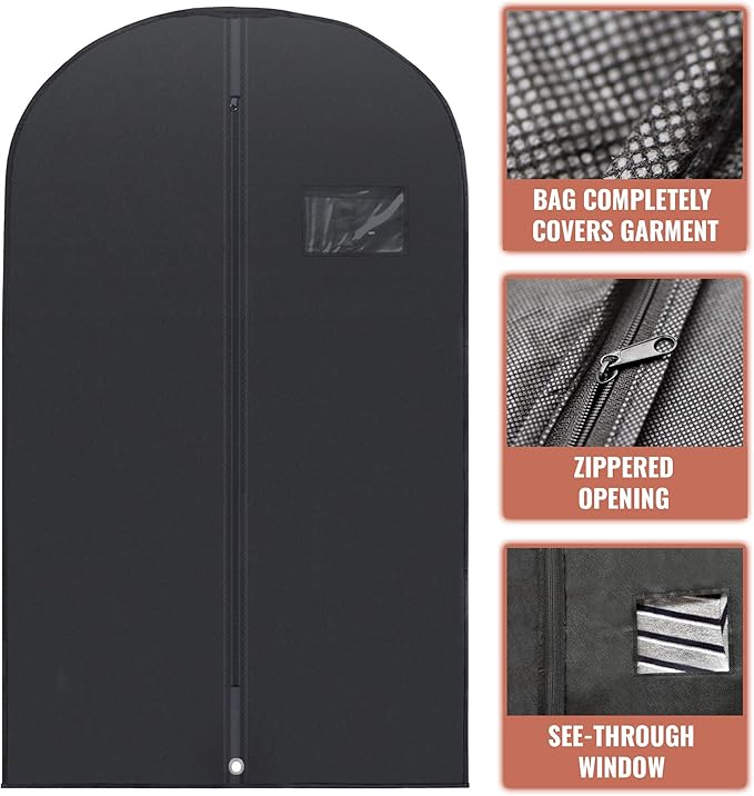PLX 40" Black Garment Bags Suit Bag for Travel & Clothing Storage of Dresses, Shirts, Fur Coats, Jackets & Dance Costumes - Hanging Suit Cover for Men & Women Closet Storage Garment Protector
