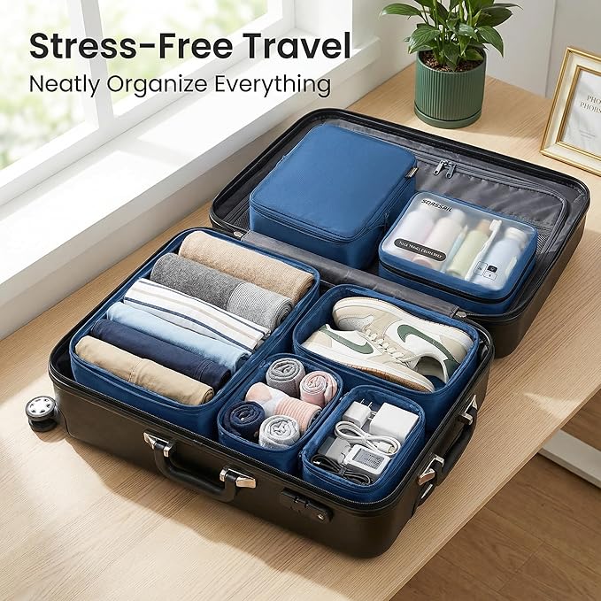6 Set Compression Packing Cubes for Travel, Large Medium Small Luggage Organizers, Storage Bags for Clothes and Essentials (6 Pack, Dark Blue)