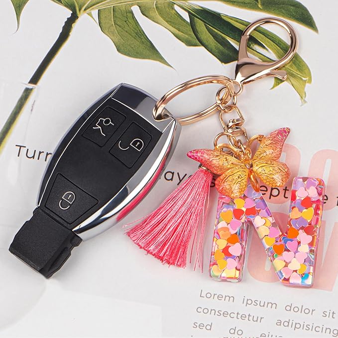 Suweibuke Colourful Cute Initial Letter Keychains for Women Girls with Tassel Butterfly, Charm for Purse Handbags Backpacks