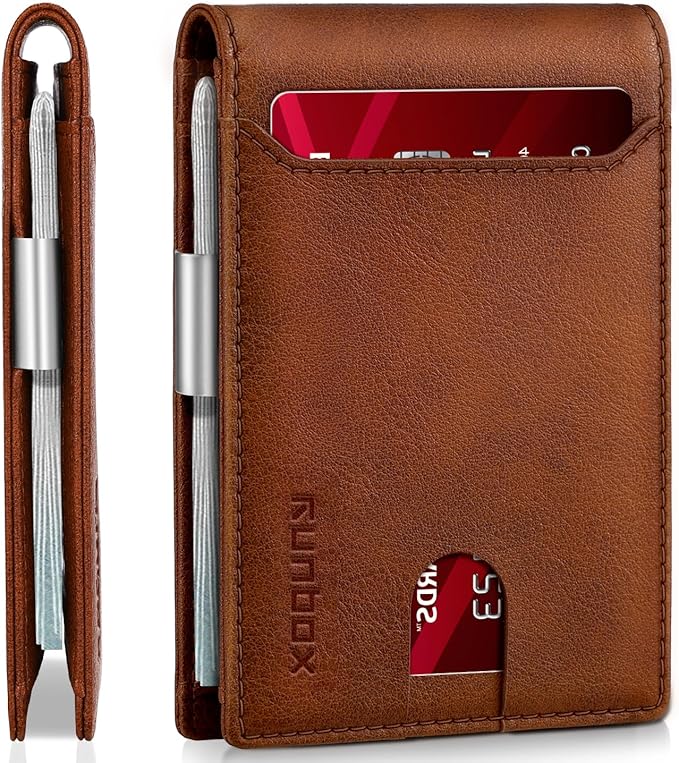 RUNBOX Money Clip Wallets for Men,Slim Leather Mens Bifold Wallet,RFID Blocking Front Pocket Wallet,Thin Credit Card Holder with Gift Box