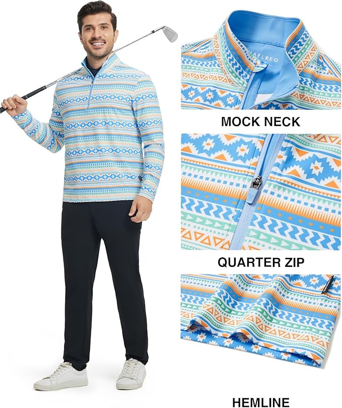 M MAELREG Quarter Zip Golf Pullover Men Dry Fit Long Sleeve Performance Wicking 1/4 Zip Full Print Pullover Mens Sweatshirt
