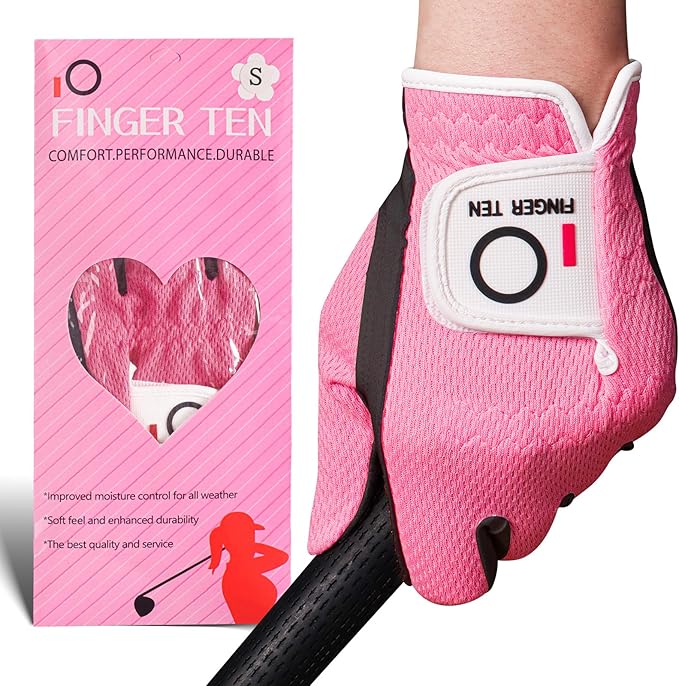 FINGER TEN Womens Golf Glove Right Handed Golfer Left Hand 1 Pack Golf Gloves Rain Grip Hot Wet All Weather Mesh for Women Girls Ladies Small Medium Large