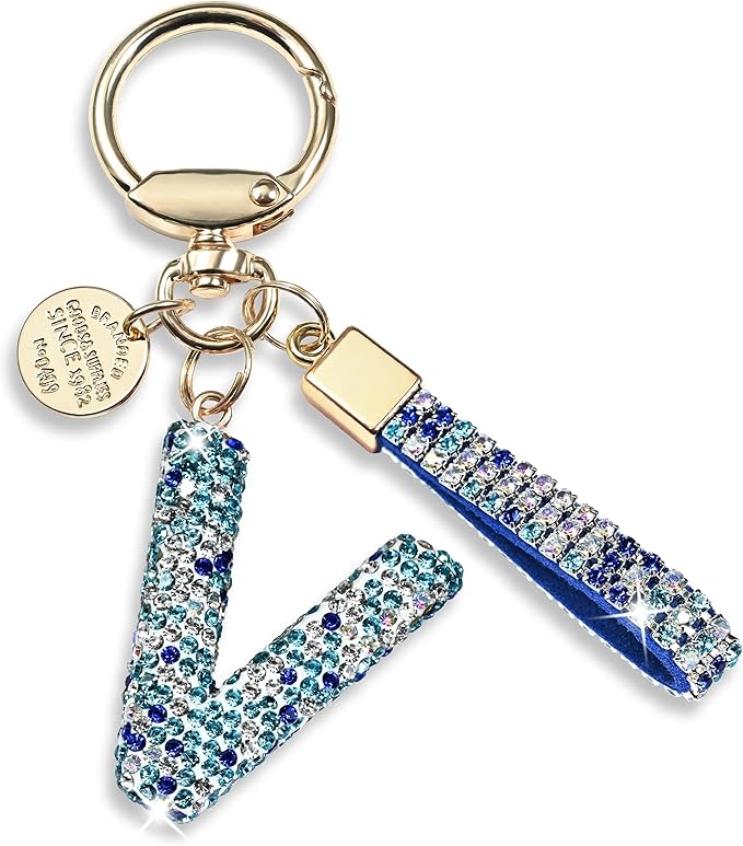 Pink Blue White Initial Letter Keychain Gift for Women Girls Bling Sparkly Cute Backpack Car Key Accessories Lanyard