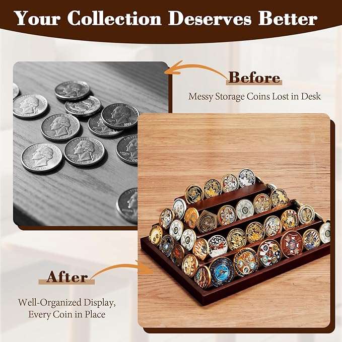 Challenge Coin Display Holder, Military Coin Display Stand 4-Tier for Collectors,Wooden Army Coins Collection Rack, Coin Stands for Display Desk Decor Walnut