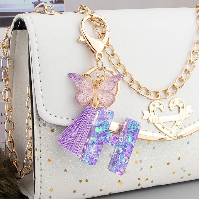 Suweibuke Colourful Cute Initial Letter Keychains for Women Girls with Tassel Butterfly, Charm for Purse Handbags Backpacks