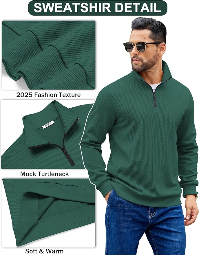COOFANDY Mens Quarter Zip Pullover Sweatshirts Lightweight Long Sleeve Mock Neck Sweater Polo
