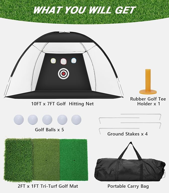 Golf Net, 10x7FT Home Golf Hitting Aids Equipment with Foldable Tri-Turf Mat for Backyard Driving Chipping Swing with Training Target/Balls/Tee for Outdoor Indoor, Gifts for Men Him Dad Boys Golfers