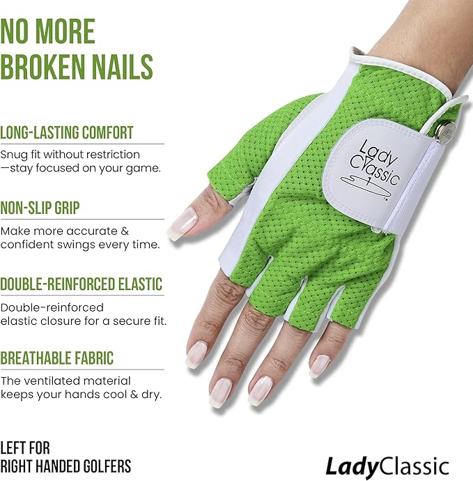Mesh Half Golf Glove for Women – Premium Cabretta Leather Palm, Breathable Mesh Back, Half-Finger Design Ladies Golf Glove for Enhanced Grip & Comfort