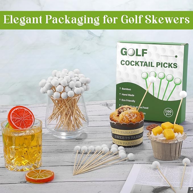Aneco 100 Pieces Golf Cocktail Picks 4.72 Inch Golf Themed Toothpicks Sports Bamboo Fruit Sandwich Skewer Picks Decorative Toothpicks for Appetizers Cocktail Garnish Party Supplies Catered Events
