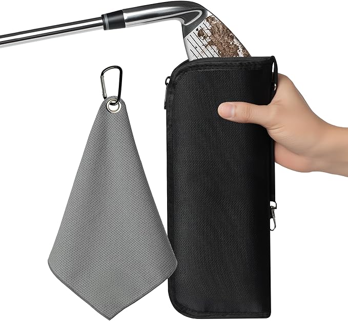 Golf Club and Golf Boll Cleaner Bag, Golf Ball Cleaner Pouch with 1 Pack Golf Ball Towel, Waterproof Outside, Clean Inside – Liner Technology, Machine Washable