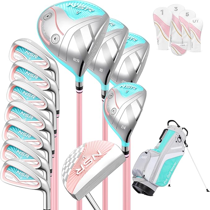 PGM 18 Piece Women's Golf Clubs Full Set for Right Handed, Complete Golf Set for Beginner to Intermediate Golfers with Driver, Woods, Hybrid, Irons, P/S Wedges, Putter, Headcovers and Stand Bag