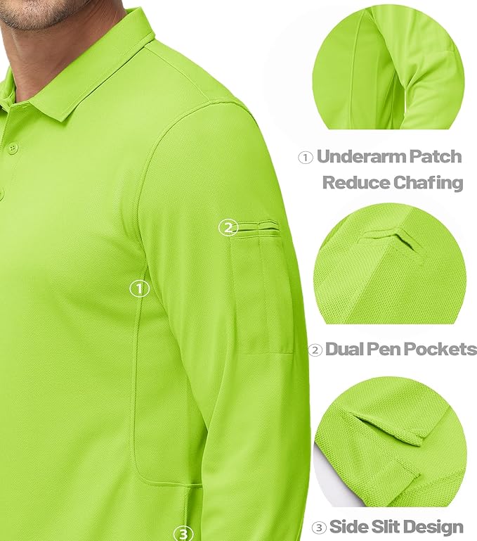 MAGCOMSEN Men's Polo Shirts 3 Button Quick Dry Performance Long Sleeve Tactical Shirts Pique Jersey Golf Shirt
