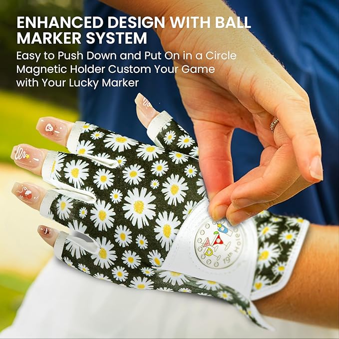 FINGER TEN Stylish Golf Gloves Women with Ball Marker 1 Pack for Left or Right Hand, Breathable Glove with Fashion Patterns for Ladies Right Left Handed Golfer