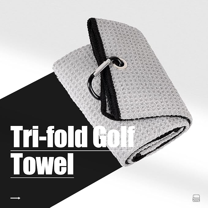 Mile High Life Tri-fold Golf Towel | 16" X 24" | Premium Microfiber Fabric | Waffle Pattern | with Heavy Duty Carabiner Clip | for Men and Women (Gray)