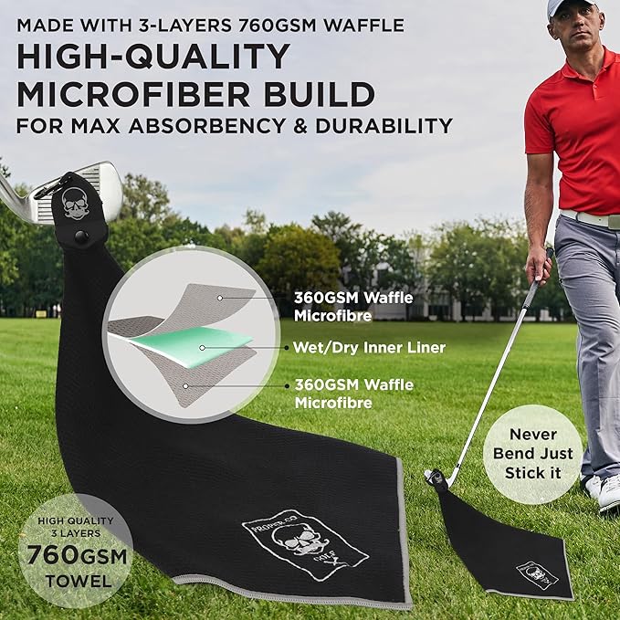 Magnetic Golf Towel (Black) Microfiber Golf Towel | Ultra Absorbant Waffle Pattern | Extra Strong Magnet for Golf Cart or Clubs