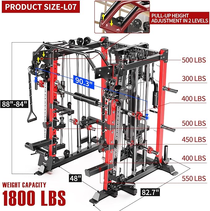 Smith Machine，Multi-Function Squat Rack Power Cage with Cable Crossover System,with Optional Weight Bench, Olympic Barbell Weight Set, for Home Gym