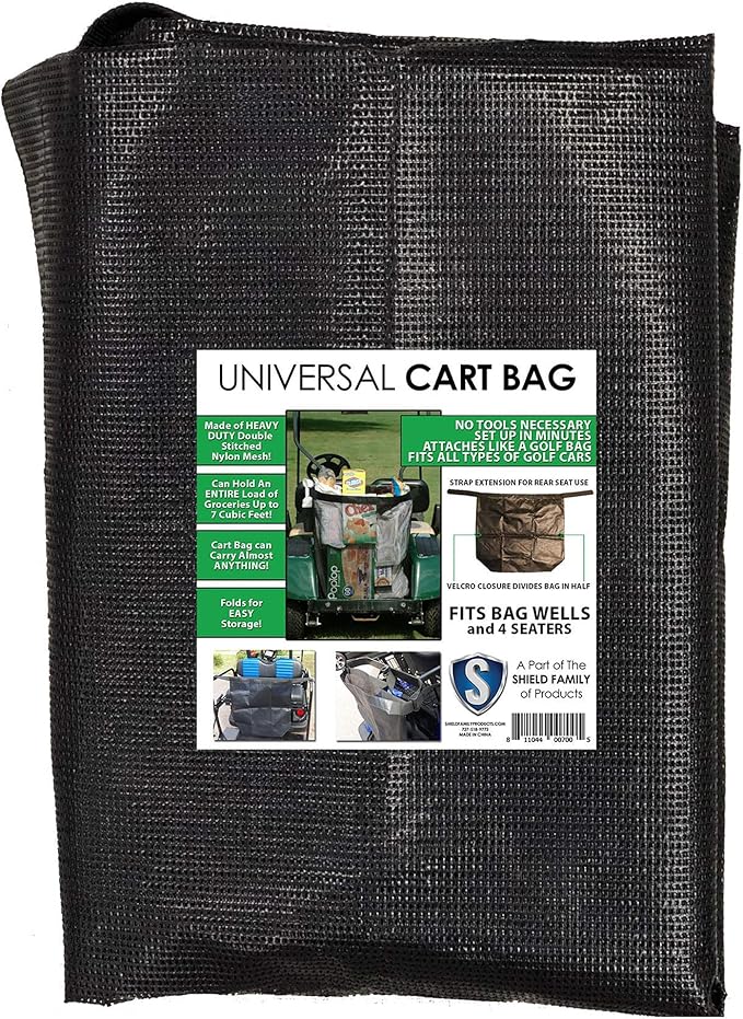 Club Clean Universal Cart Bag – Golf Cart Grocery Bag & Storage Carrier – Fits 2 & 4 Seat Golf Carts – Mesh Bag for EZGO, Yamaha, Club Car – Grocery, Beach, Chair & Supply Buggie Bag Attachment Black