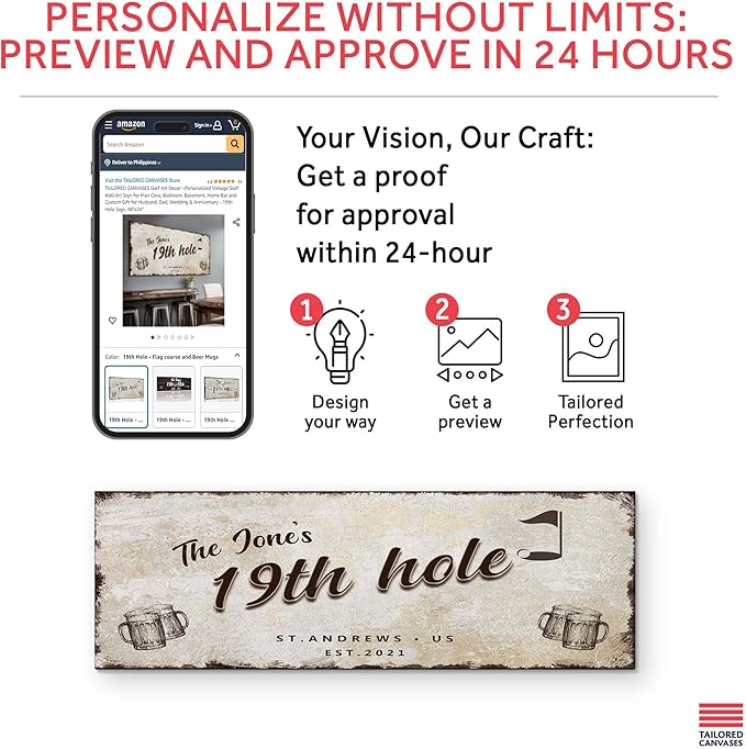 TAILORED CANVASES Golf Art Decor - Personalized Vintage Golf Wall Art Sign for Man Cave, Bedroom, Basement, Home Bar and Custom Gift for Husband, Dad, Wedding & Anniversary - 19th Hole Sign, 48"x16"